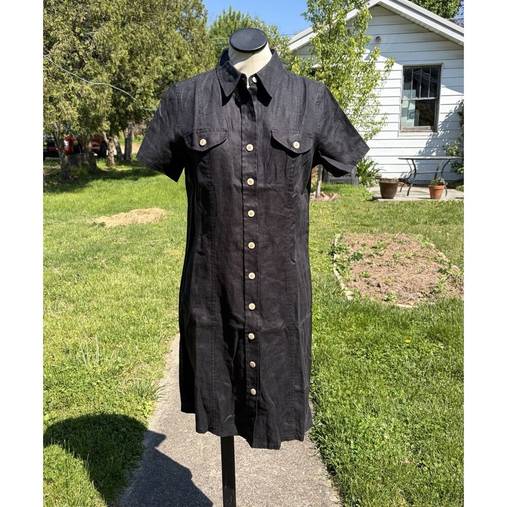 Rafaella 100% Linen Black Button Up Short Sleeve A Line Shirt Dress Sz 12